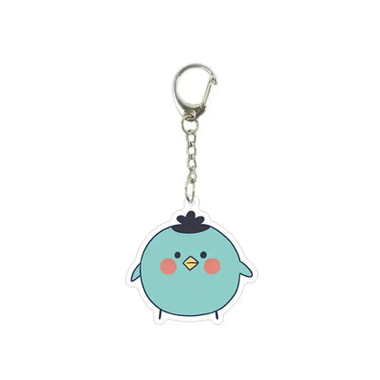 Cute light blue killer seven acrylic keychain featuring round cartoon bird with rosy cheeks and black hair tuft