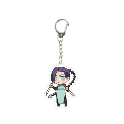 Translucent acrylic seven acrylic keychain featuring chibi killer seven character with purple hair holding two swords