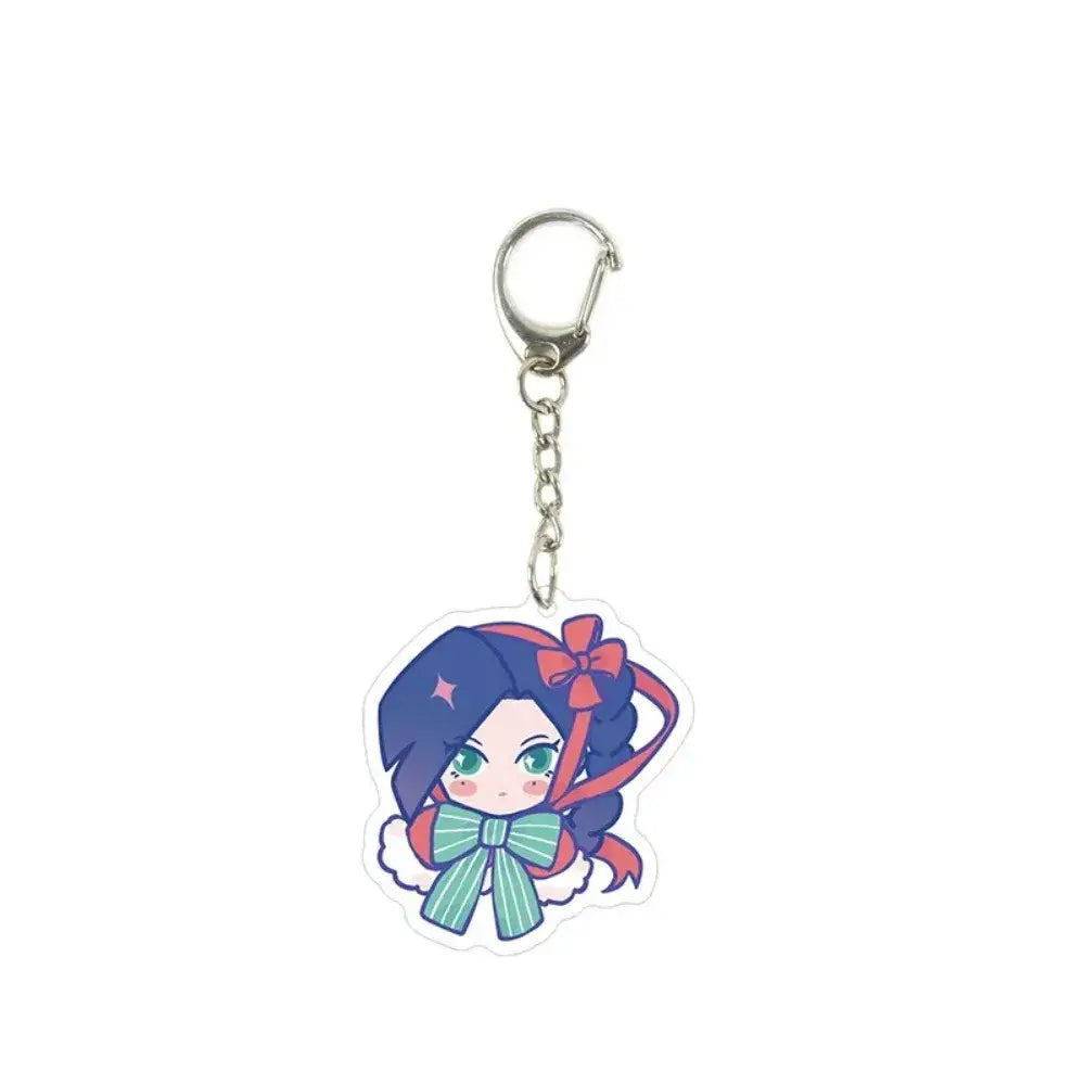 Translucent killer seven acrylic keychain featuring a chibi anime character with dark blue hair and red ribbon accents