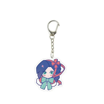 Translucent killer seven acrylic keychain featuring a chibi anime character with dark blue hair and red ribbon accents