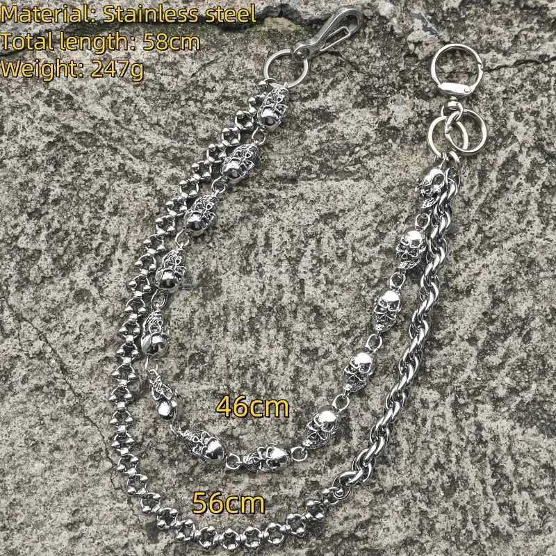 Silver stainless steel skull punk biker pants chain with dual-layer design and intricate skull charms