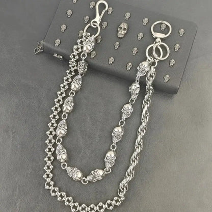 Silver skull-themed stainless steel pants chain with double-layered design and intricate metalwork clasp