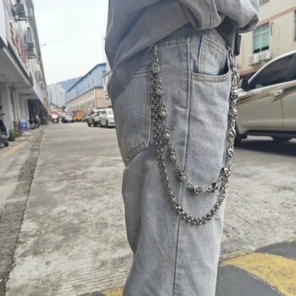 Silver stainless steel pants chain with double-layered design featuring interlocking links and skull motifs