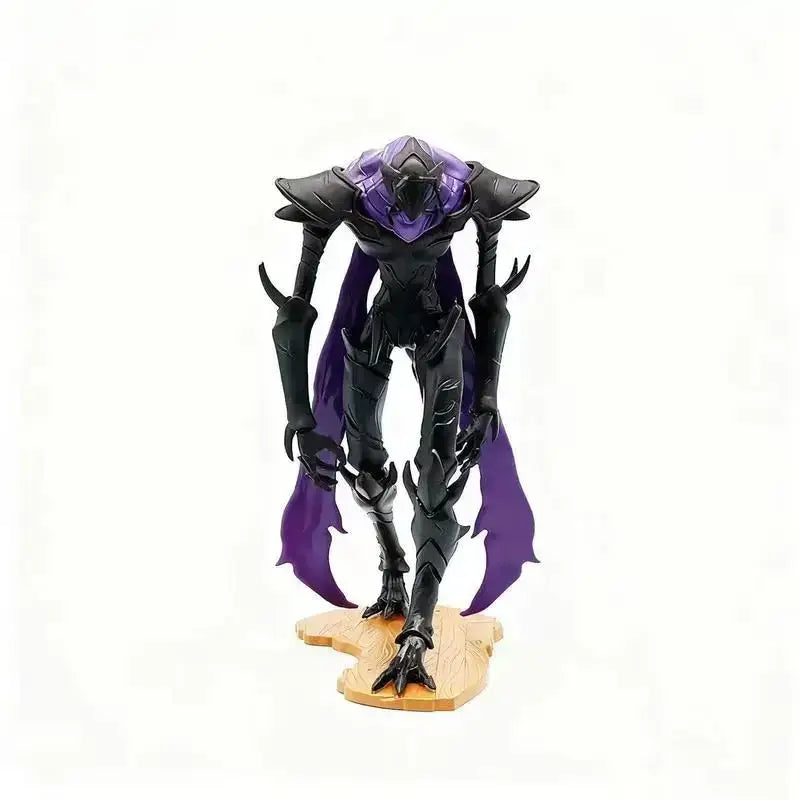 Solo leveling ant king beru pvc statue of black and purple armored figure with sharp angular design on wooden base