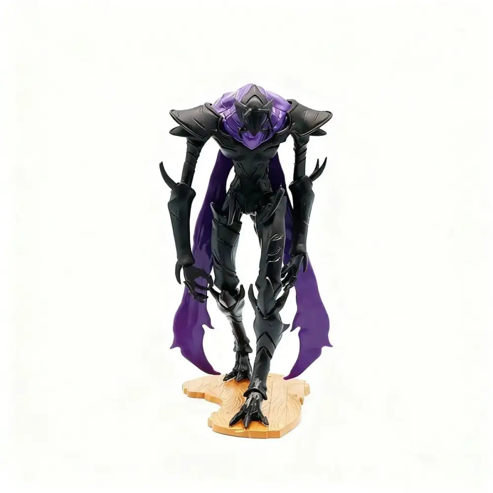 Black and purple armored solo leveling ant king beru pvc statue with sharp angular design on wooden base collectible figure