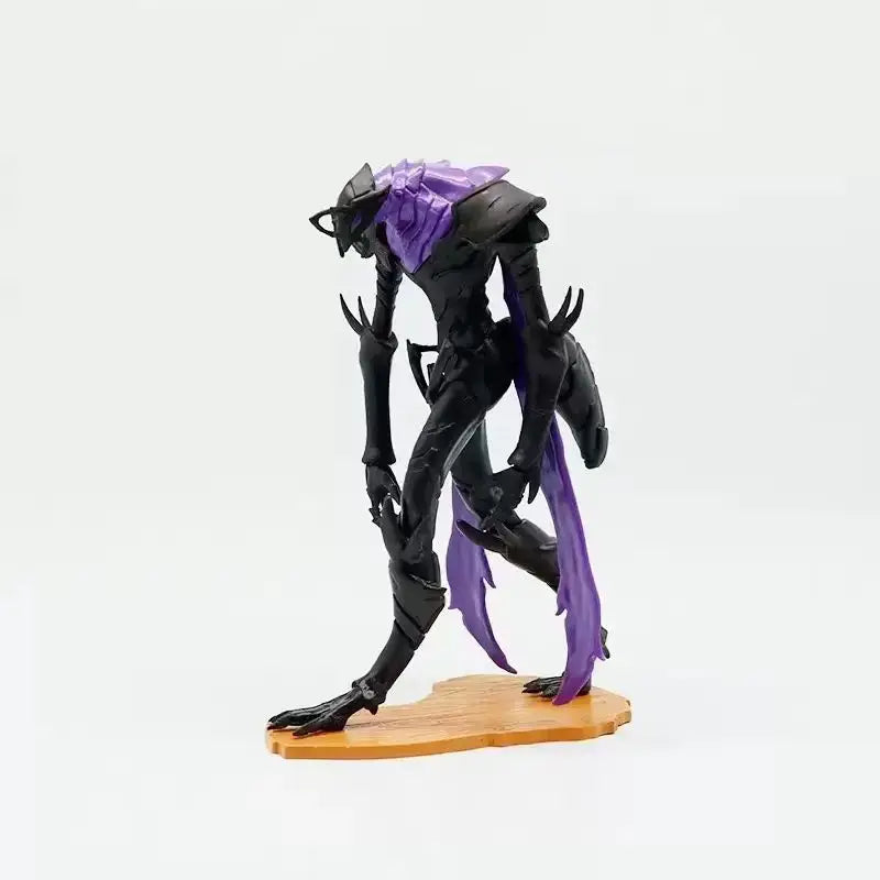 Black and purple solo leveling ant king beru pvc statue with sharp angular armor standing on wooden base collectible figure