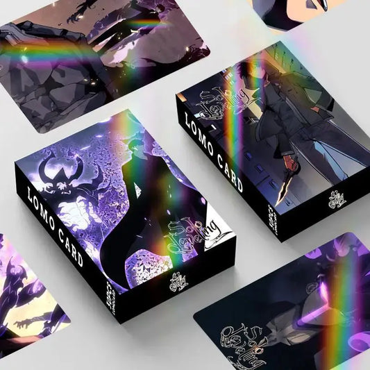 Black rectangular solo leveling arise lomo card box with purple and black anime-style illustration on lid