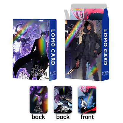 Blue solo leveling arise lomo card deck with anime artwork rainbow and dark fantasy design 30-piece double-sided cards