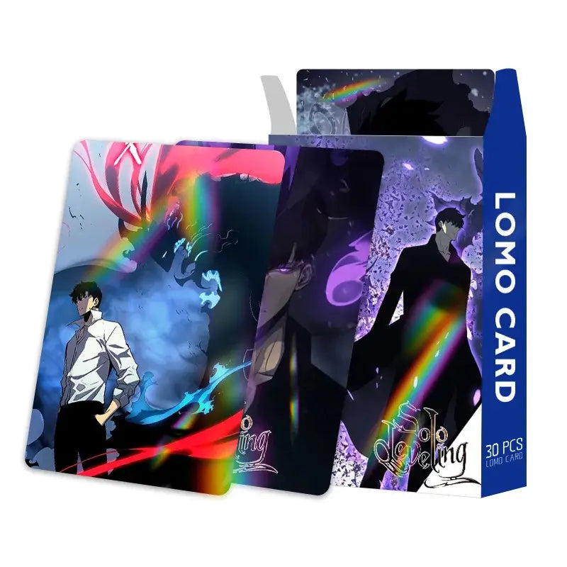 Set of 30 solo leveling arise lomo cards with vibrant anime art and rainbow effects on glossy cardstock