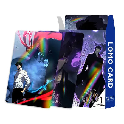 Set of 30 solo leveling arise lomo cards with vibrant anime art and rainbow effects on glossy cardstock