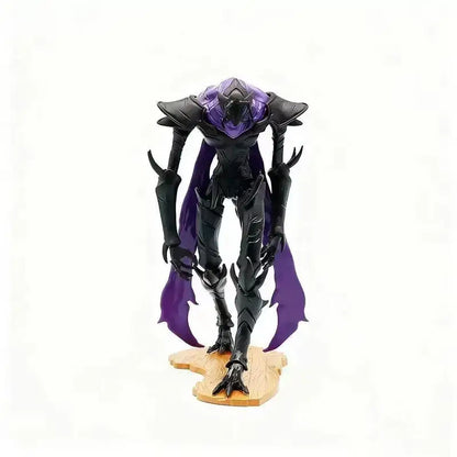 Solo leveling beru pvc statue featuring a black and purple armored figure with sharp angular design on wooden base