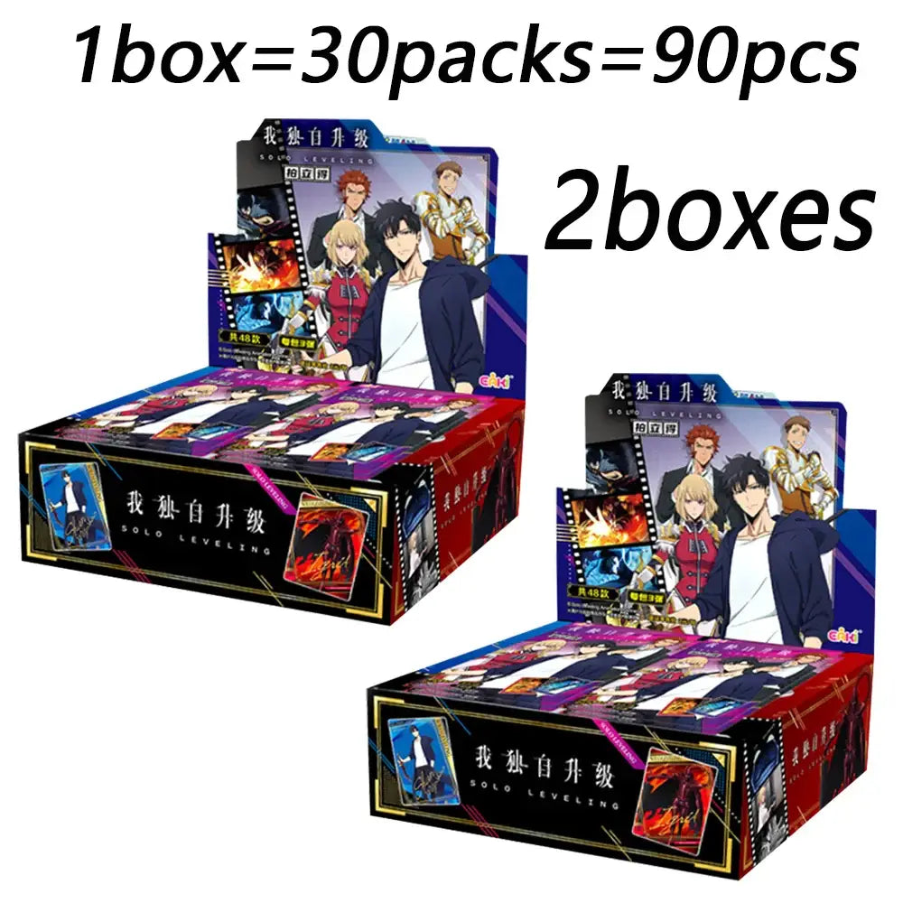 Solo leveling character polaroid cards booster box with vibrant anime artwork and dynamic fiery scenes in mr ur ssr set