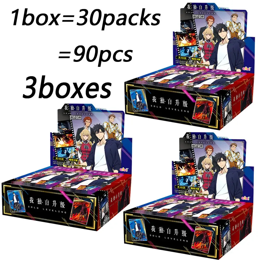 Three solo leveling character polaroid cards boxes each containing 30 packs totaling 90 mr ur ssr cards