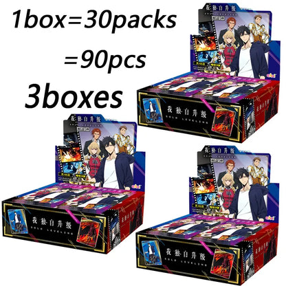 Three boxes of solo leveling character polaroid cards with 90 total packs featuring mr ur ssr set designs
