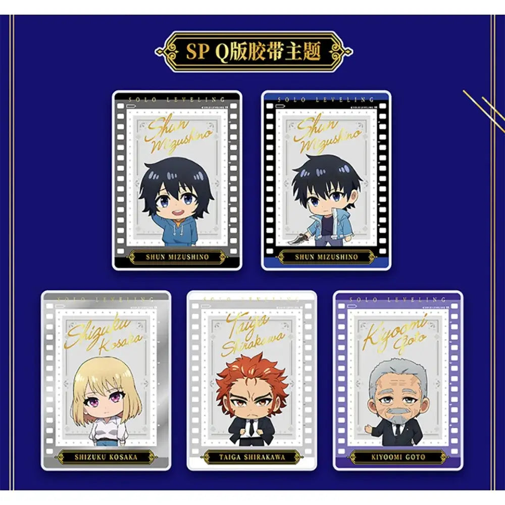Set of five solo leveling character polaroid cards featuring chibi anime figures with filmstrip design and gold lettering