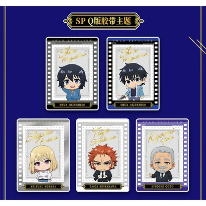 Set of five solo leveling character polaroid cards featuring chibi anime figures with filmstrip design and gold lettering