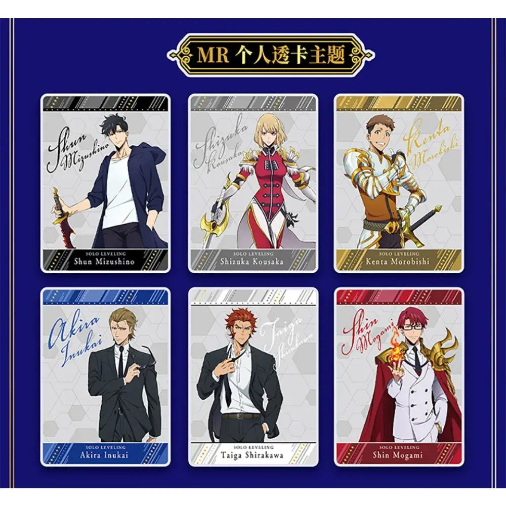 Six colorful solo leveling character polaroid cards featuring anime-style male and female figures in decorative borders