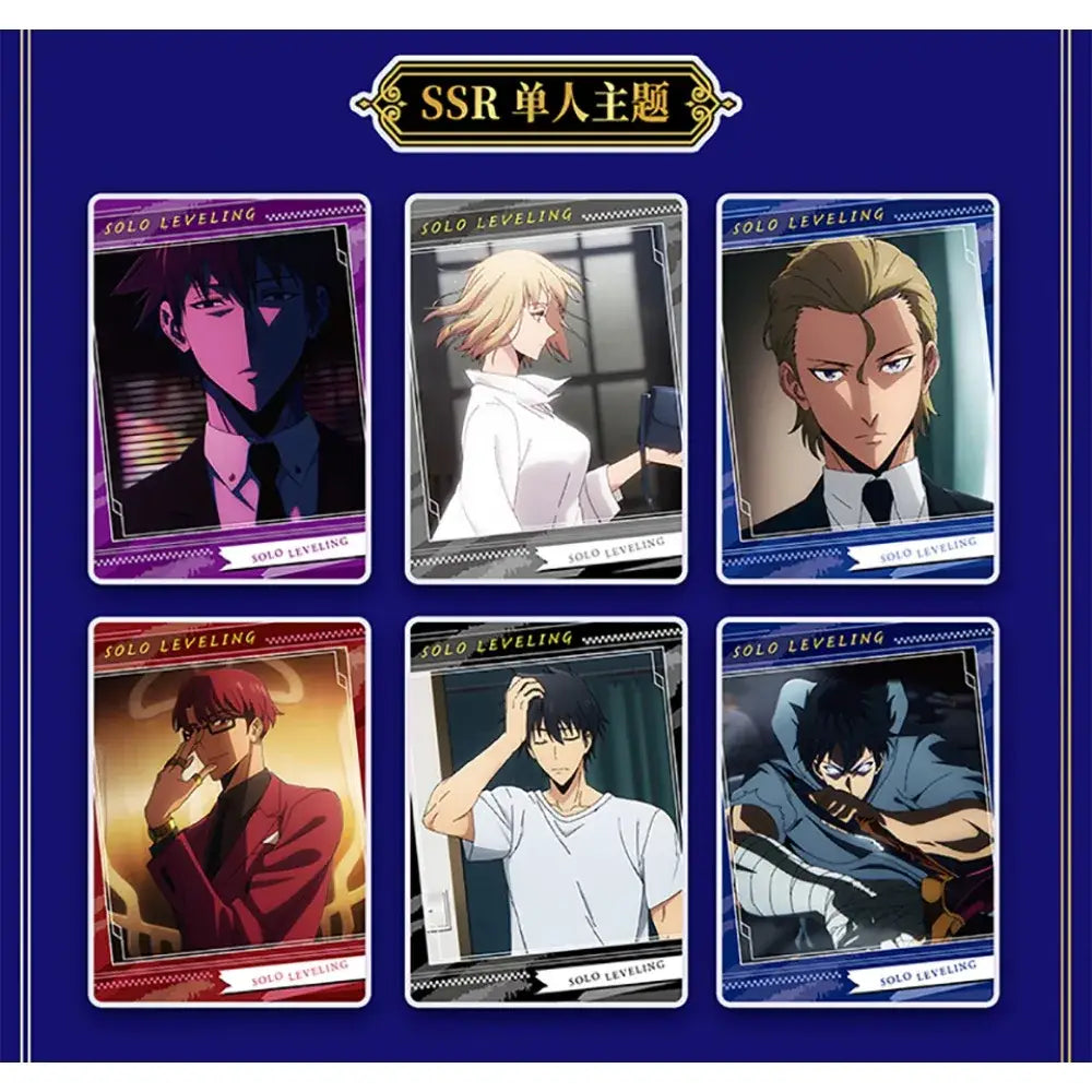 Six glossy solo leveling character polaroid cards featuring distinct illustrated figures in mr ur ssr set