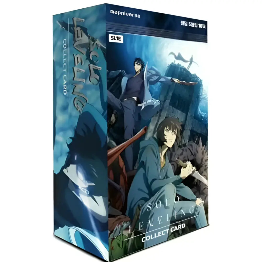 Blue and black solo leveling che huiyi photo cards box featuring dynamic anime artwork in instant camera style design