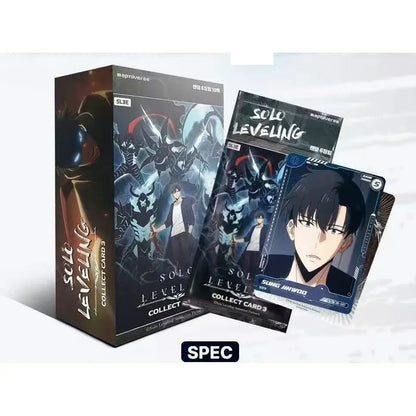 Black and silver solo leveling collectible card box with anime artwork and a matching che huiyi photo card displayed