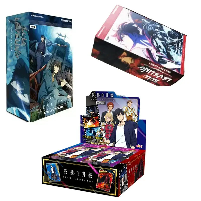 The solo leveling booster box features vibrant anime art with red black gold design branded by kadokawa includes che huiyi photo cards