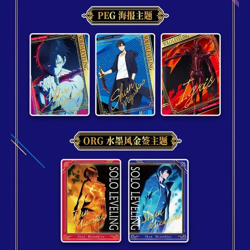 Set of five solo leveling che huiyi photo cards with vibrant acrylic artwork and gold foil on deep blue background