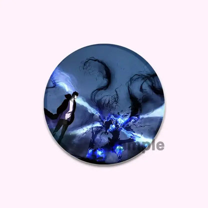 Circular solo leveling cheng xiaoyu round handmade badge featuring anime character with blue and black energy tendrils