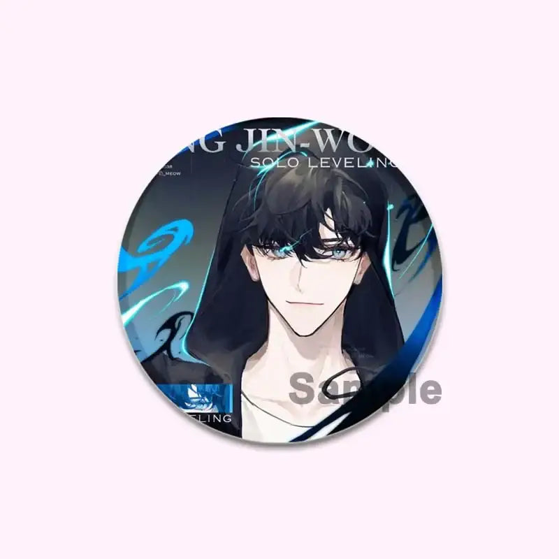 Circular handmade solo leveling cheng xiaoyu button pin featuring anime character with black hair and glowing cyan swirls