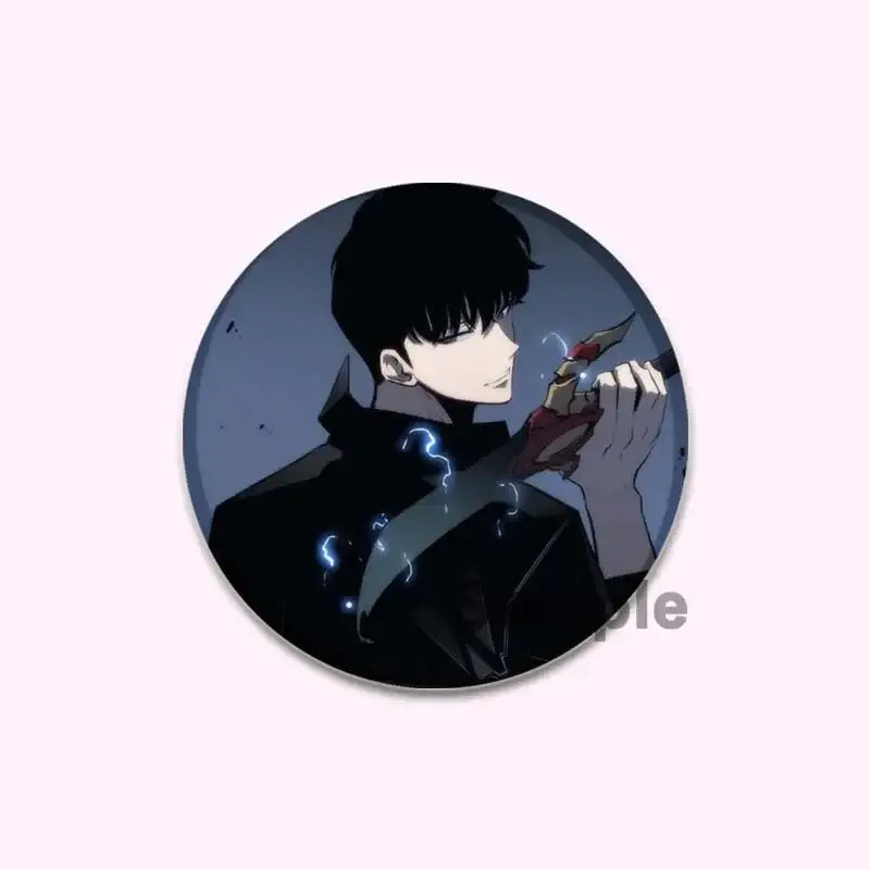 Circular black-and-gray solo leveling cheng xiaoyu button pin featuring dark-haired figure with glowing blade
