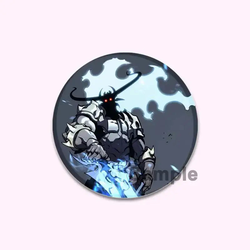 Solo leveling cheng xiaoyu round handmade badge featuring anime-style armored warrior with glowing red eyes and blue blade