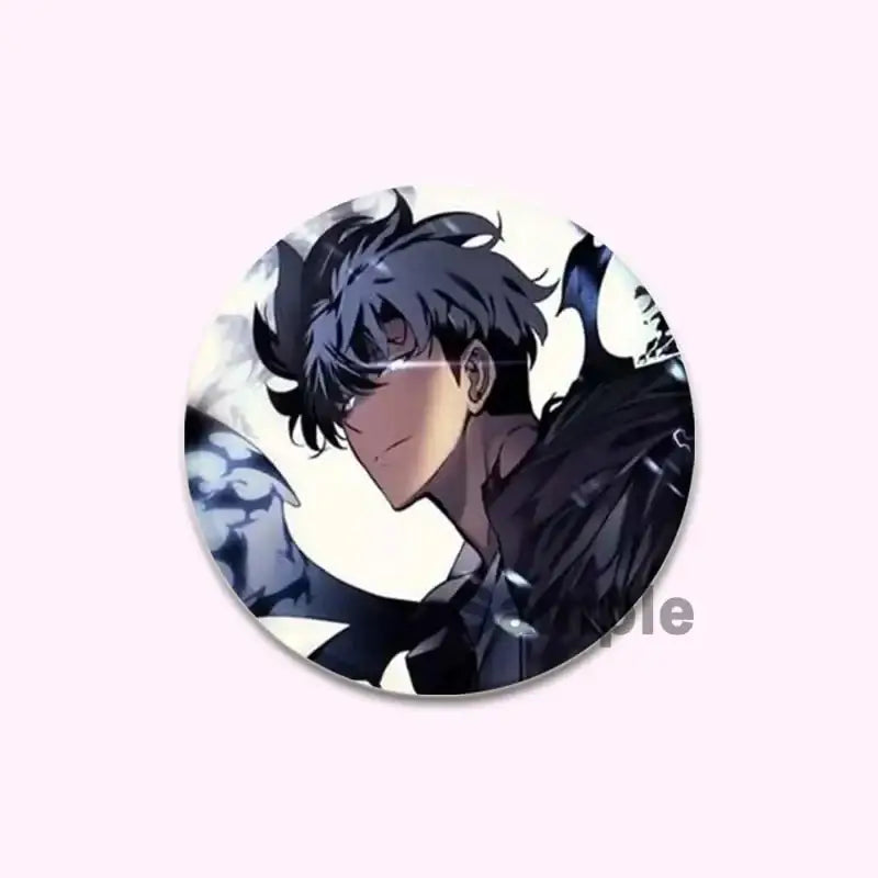 Circular solo leveling cheng xiaoyu button pin featuring dark-haired male in black attire round handmade badge