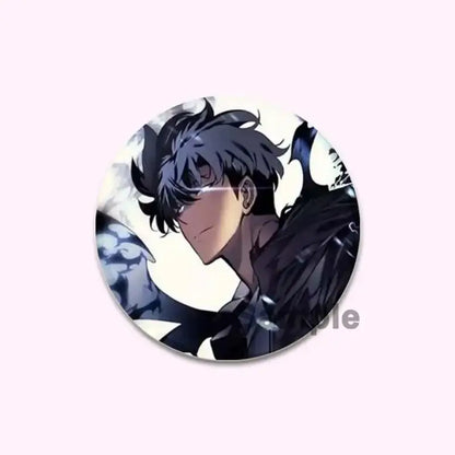 Circular solo leveling cheng xiaoyu button pin featuring dark-haired male in black attire round handmade badge