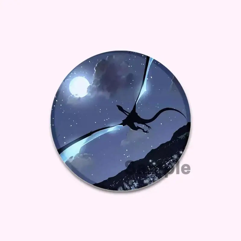 Circular solo leveling cheng xiaoyu button pin featuring a dark pterosaur silhouette against a starry night sky
