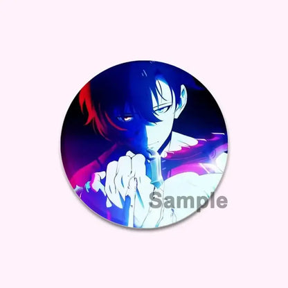 Solo leveling cheng xiaoyu round handmade badge featuring a vibrant blue and purple anime character pin with glowing eyes
