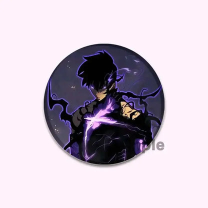 Solo leveling cheng xiaoyu button pin featuring a circular black and purple anime character with glowing energy effects