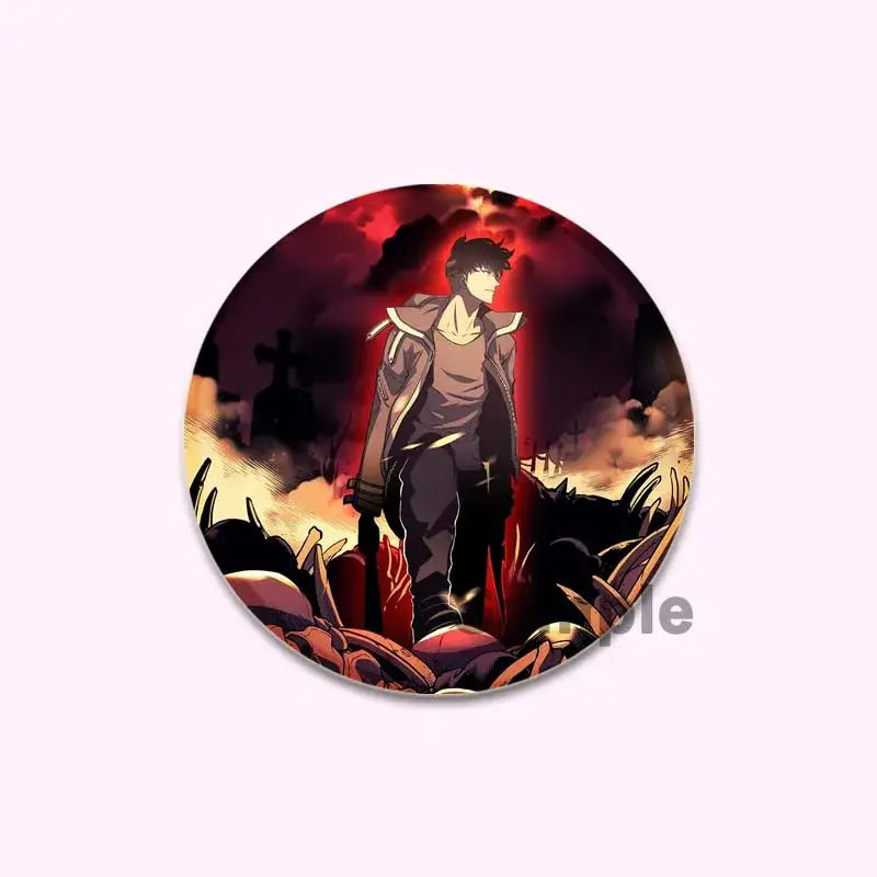 Solo leveling cheng xiaoyu round handmade badge featuring anime character in fiery apocalyptic landscape design