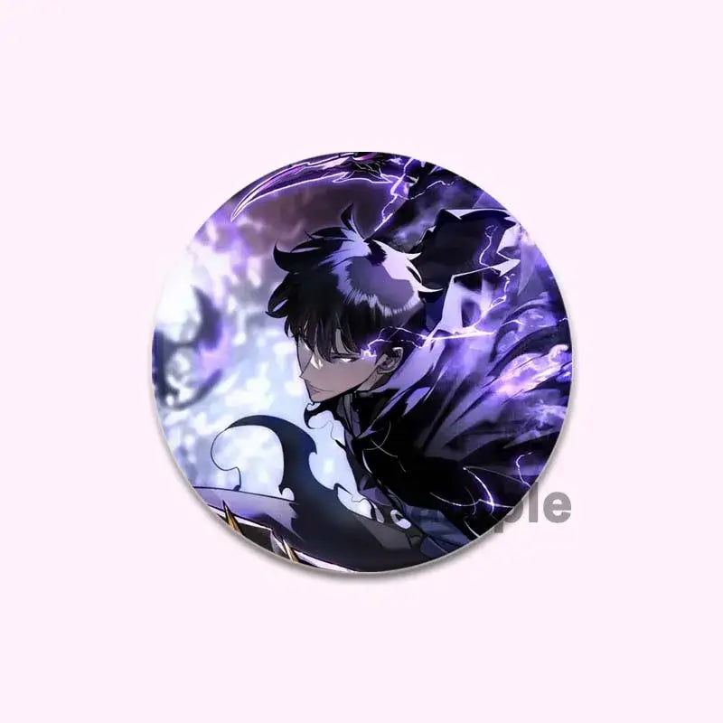 Round handmade badge featuring solo leveling cheng xiaoyu in dynamic pose with purple and black lightning background