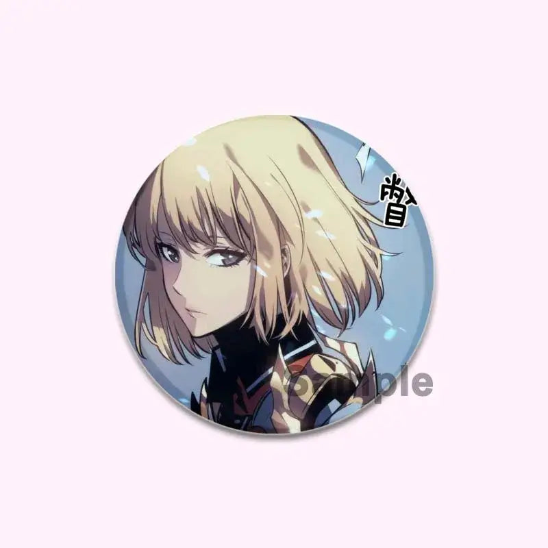 Round handmade badge featuring solo leveling cheng xiaoyu anime character with blonde hair in a dark outfit on light blue