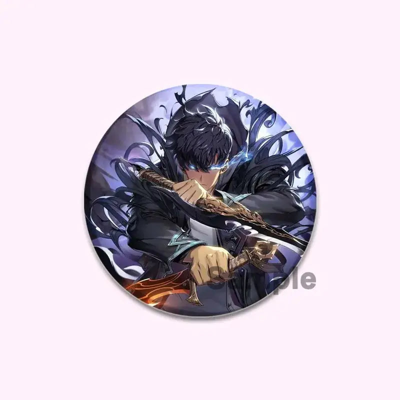 Round handmade badge featuring solo leveling cheng xiaoyu with black hair and glowing blue eyes holding a sword