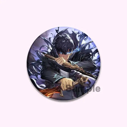Round handmade badge featuring solo leveling cheng xiaoyu with black hair and glowing blue eyes holding a sword