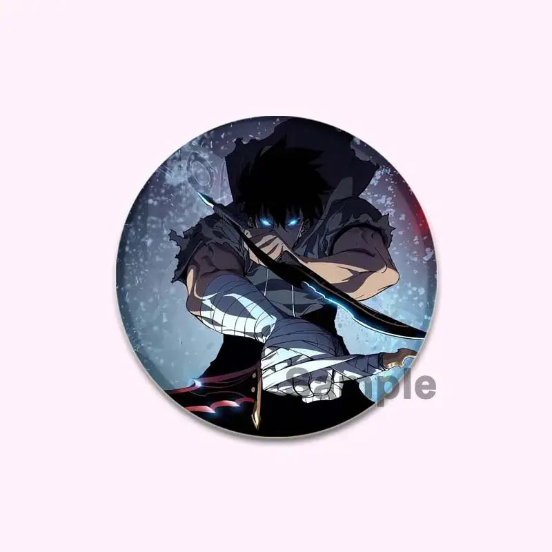 Circular solo leveling cheng xiaoyu button pin featuring anime character with glowing blue eyes and sword in snowy backdrop