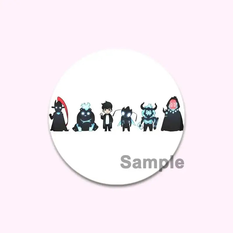 White circular solo leveling cheng xiaoyu button pin featuring five chibi anime characters with glowing accents on a round handmade badge