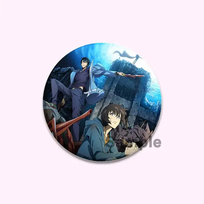 Circular solo leveling cheng xiaoyu button pin with blue-lit underwater ruins and bird creature design handcrafted badge