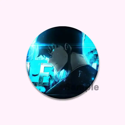Round handmade badge featuring a circular blue and black solo leveling cheng xiaoyu anime character pin with cyan light effects