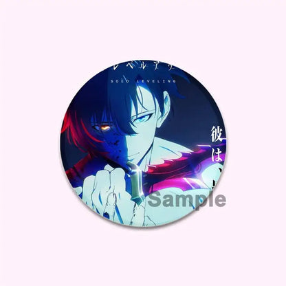 Solo leveling cheng xiaoyu round handmade badge featuring half-blue half-red hair character with glowing eyes holding sword