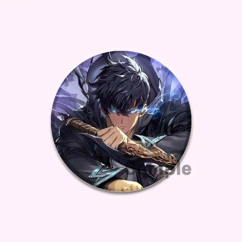 Solo leveling cheng xiaoyu button pin featuring dark-haired male with glowing blue eyes and sword on purple background
