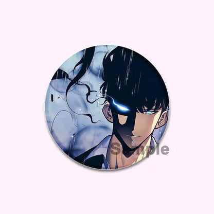 Circular solo leveling cheng xiaoyu button pin featuring dark-haired figure with glowing blue eyes and rain effects in gray tones