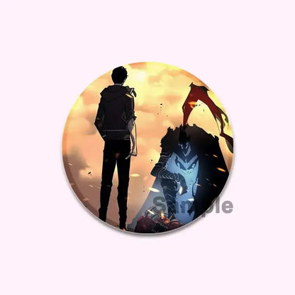 Circular solo leveling cheng xiaoyu button pin with anime-style dark figure and fiery orange sky round handmade badge