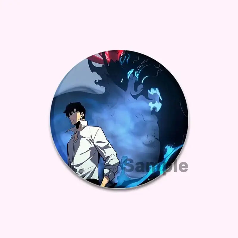 Solo leveling cheng xiaoyu button pin featuring a character in white shirt with blue and red energy background