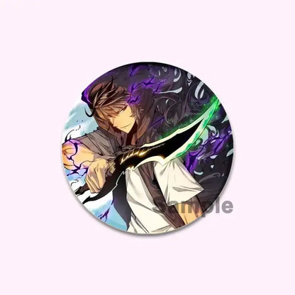 Solo leveling cheng xiaoyu button pin featuring brown-haired figure with glowing green sword on purple swirls background